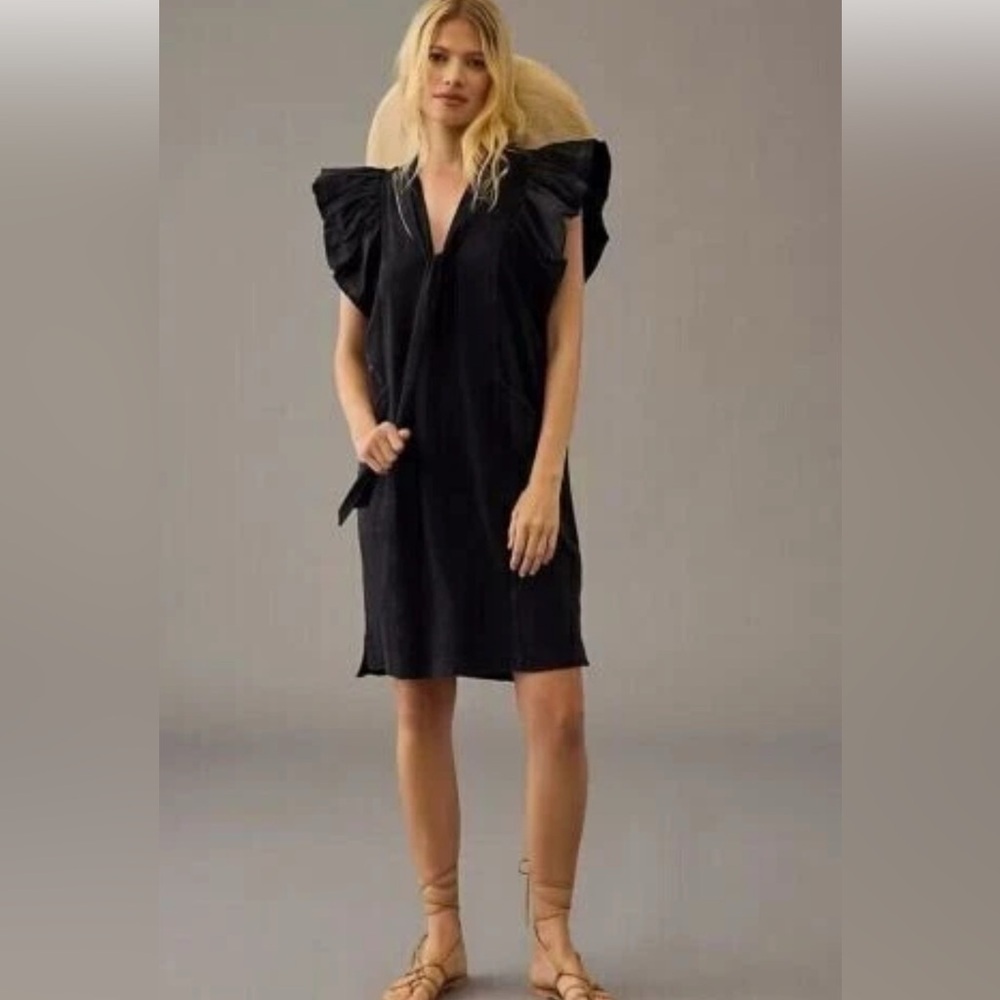 Anthropologie Daily Practice Ruffle Short Sleeve Tee Shirt Dress SZ S Black